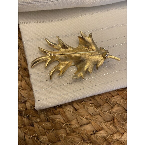 VINTAGE BSK SIGNED LARGE BRUSHED GOLD TONE STATEMENT Leaf PIN BROOCH 3” - Picture 3 of 7